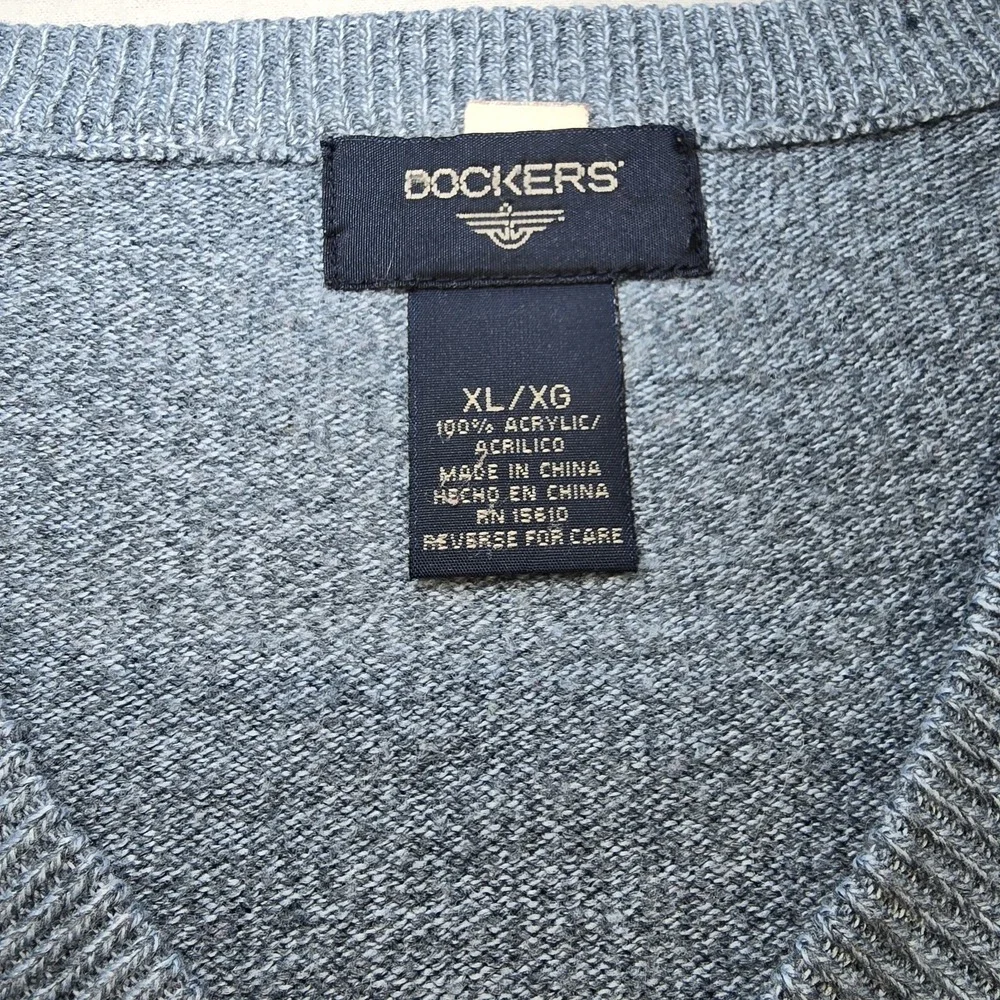 Dockers Men's XL V-Neck Sweater Light‎ Blue Windowpane Plaid Golf Preppy EUC